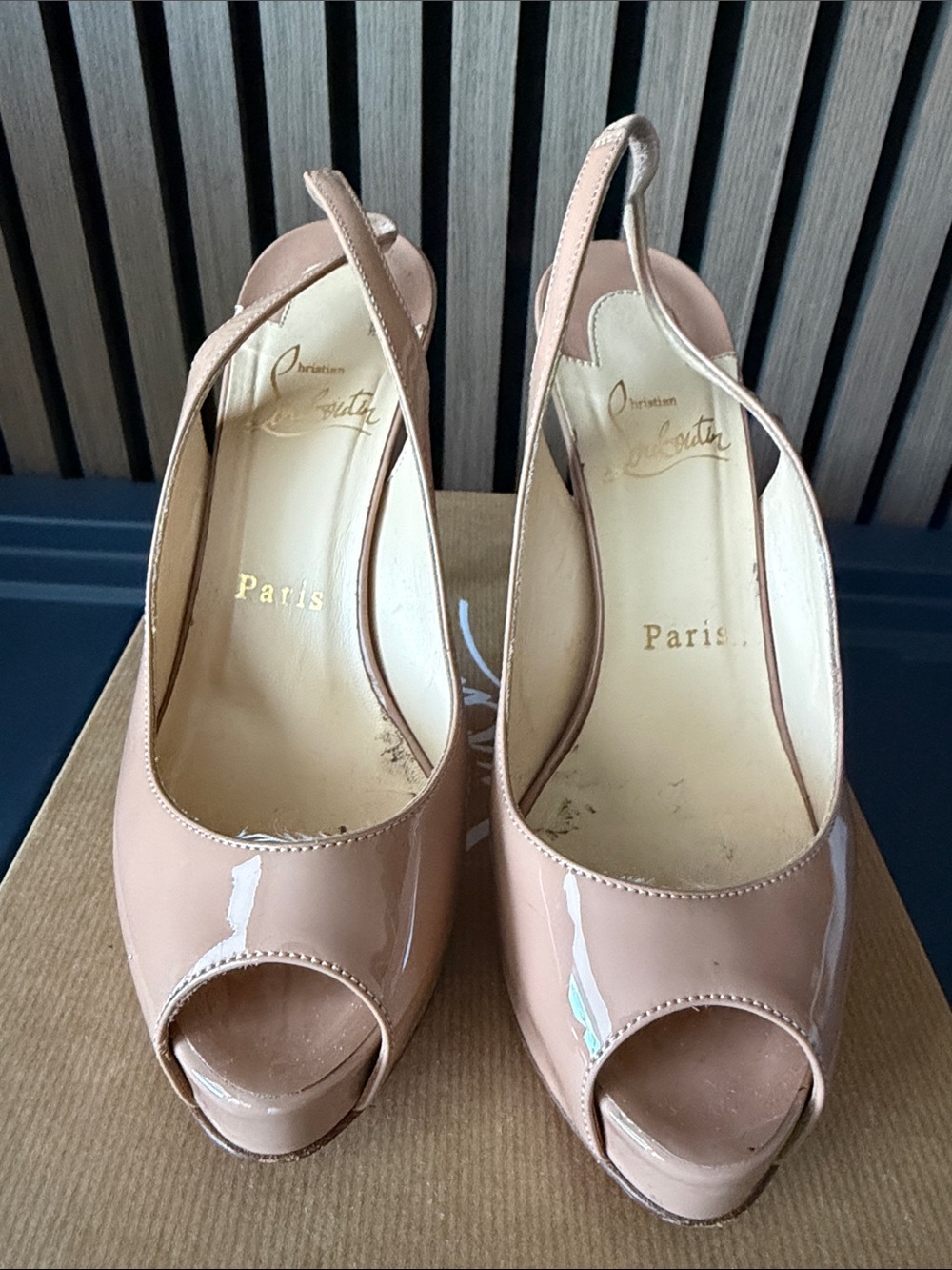 Christian Louboutin Nude Patent Peep-Toe Slingback Pumps